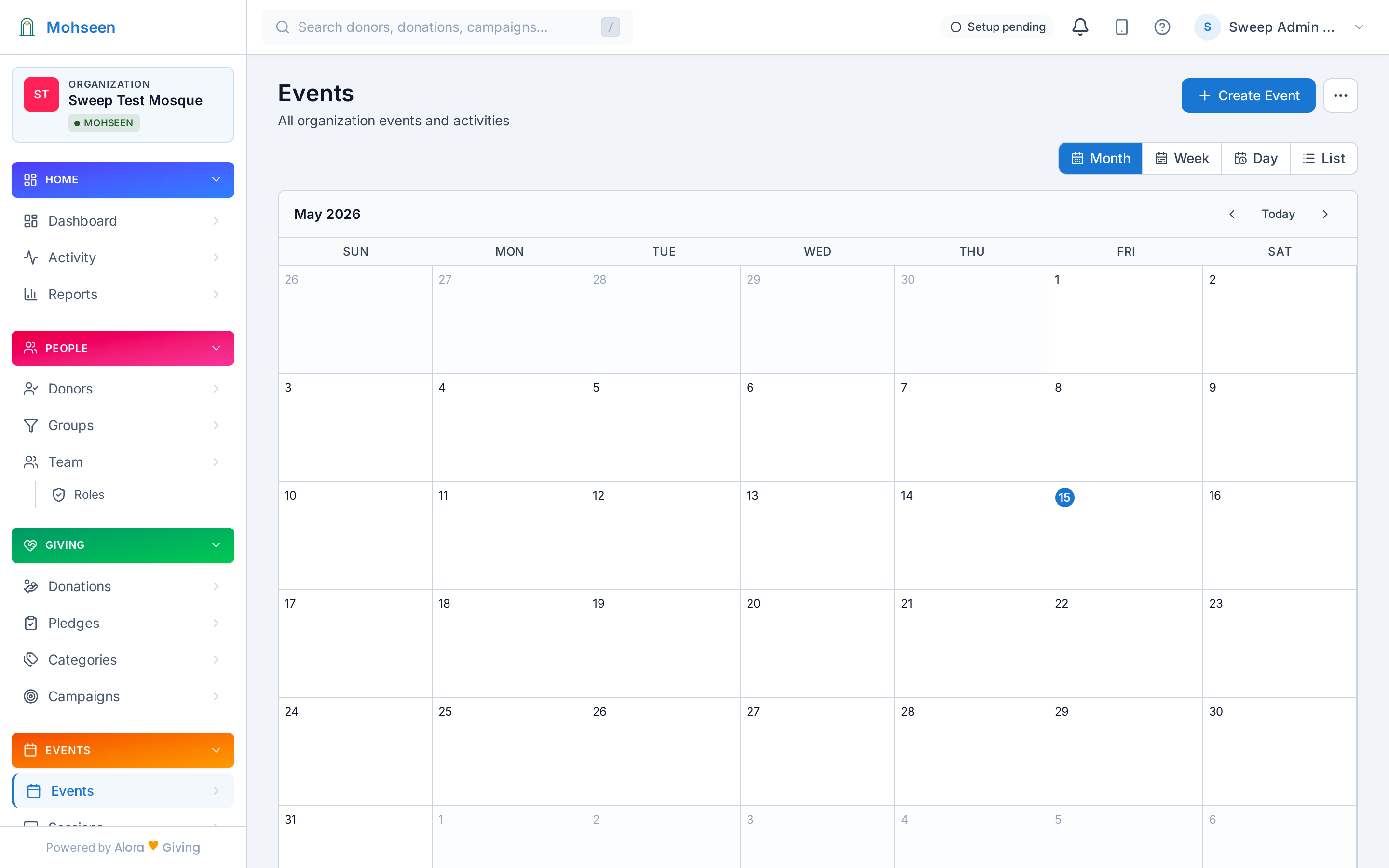 The masjid calendar in the Mohseen dashboard — month, week, day, and list views