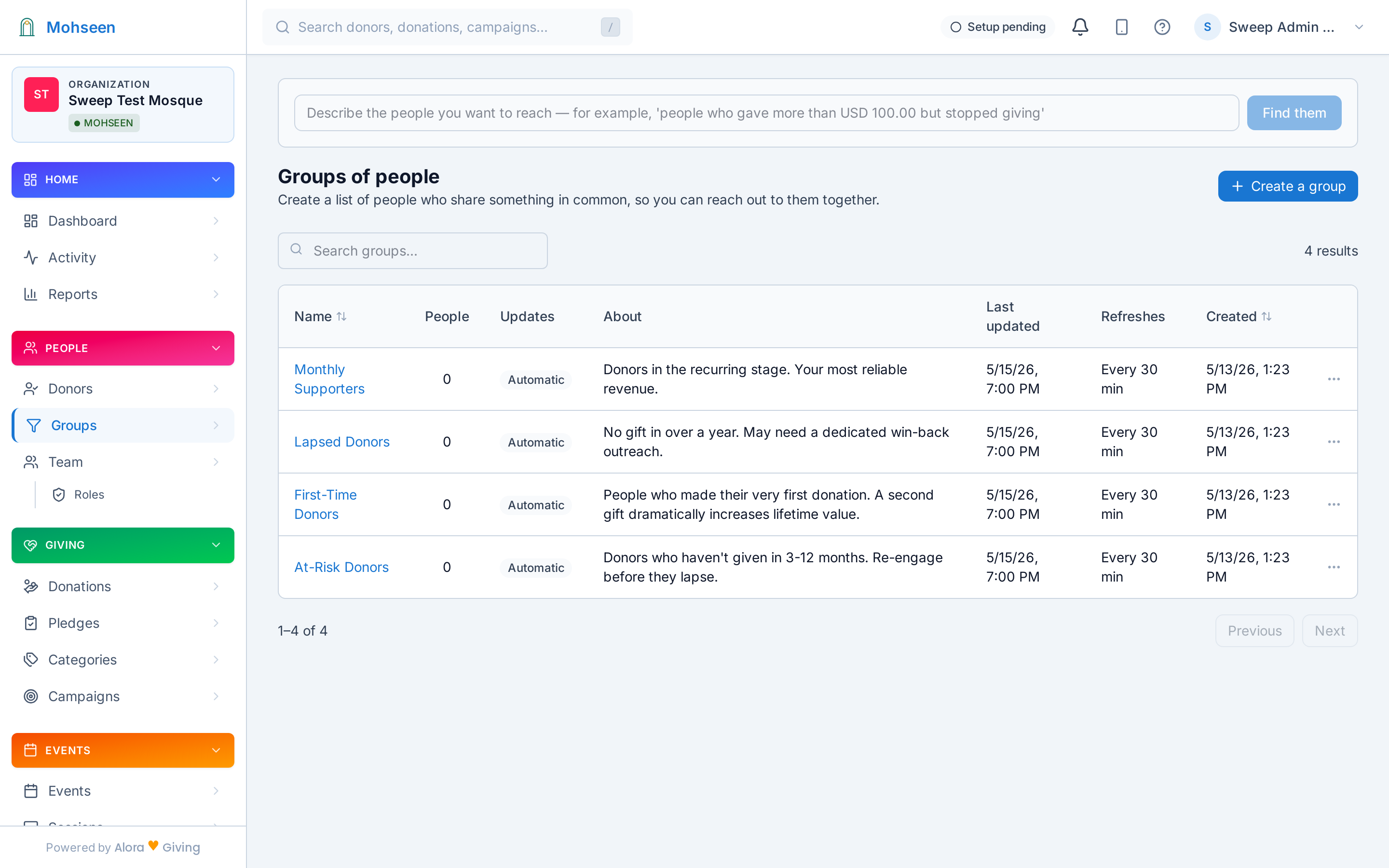 Segment builder with pre-built templates for common donor groups