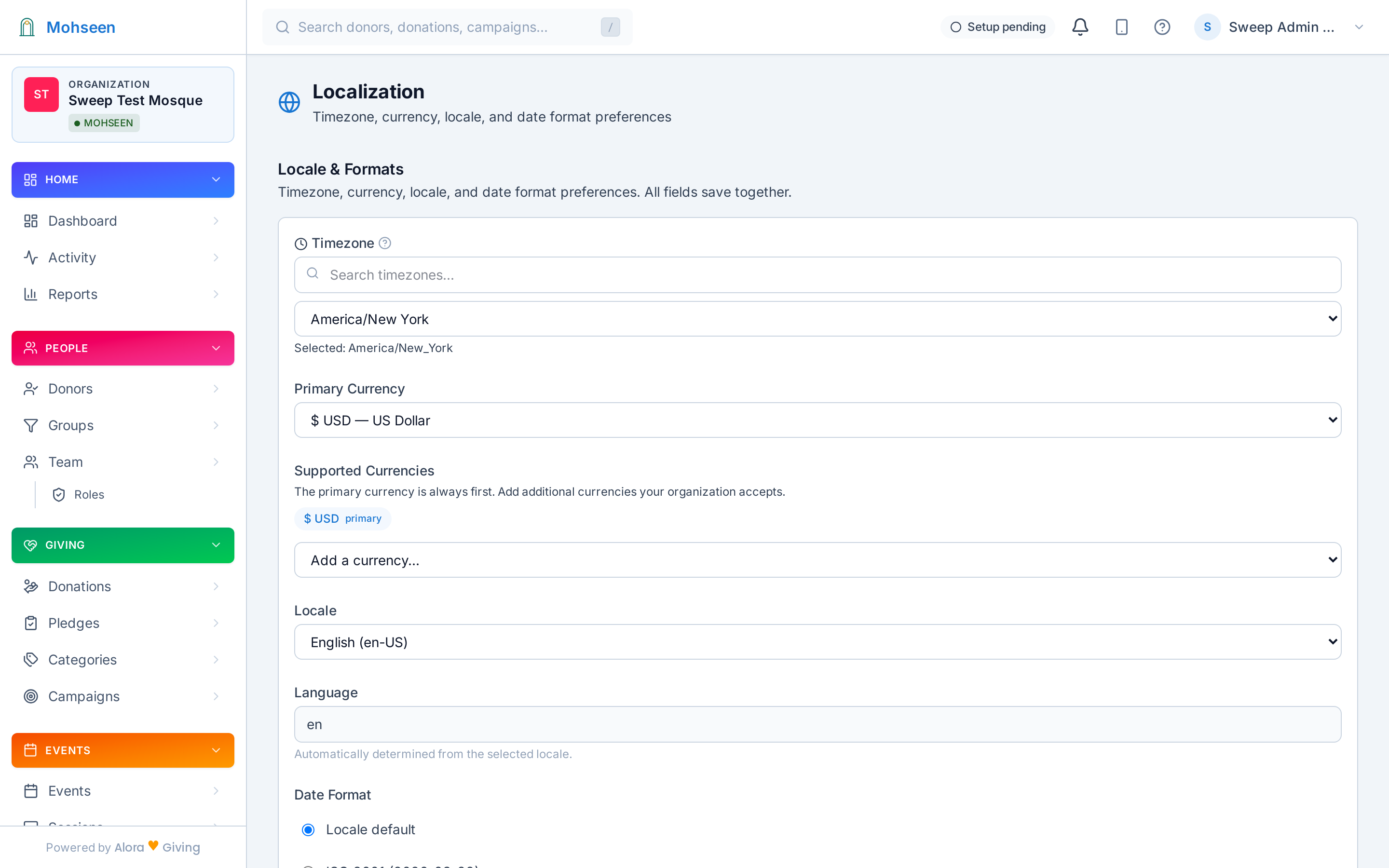 Organization localization settings — timezone, locale, currency, date format